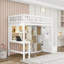 Lit mezzanine simple en bois avec bureau, tablettes de rangement, armoires, escaliers et lumière DEL-1362080151