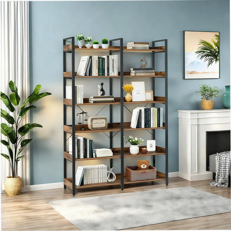 6-Tier Industrial Bookshelf, 67" Wooden Bookshelf With Open Shelves, Freestanding Metal Frame Bookcase For Storage And Display, Modern Book Shelves For Bedroom, Living Room And Home Office, Brown