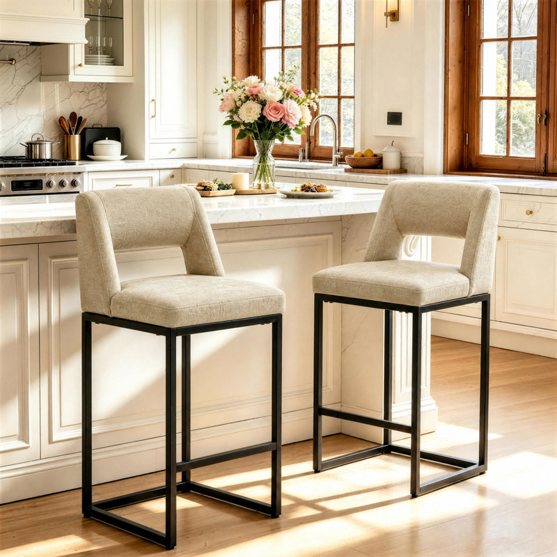 26" Upholstered Counter Barstool With Low Back And Metal Frame Modern Kitchen Island Seating, Beige Seat/ Black Frame