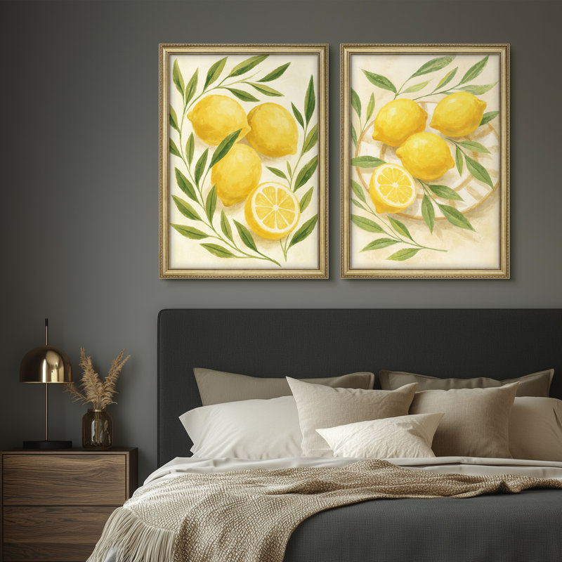 Ensemble d'art mural encadré 26 po x 36 po Fresh Lemon Botanical Kitchen for Kitchen, H 36 po x l 26 po, Doré