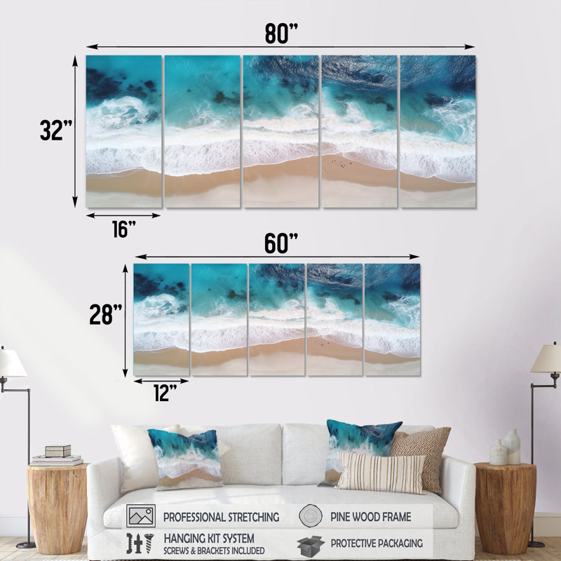 Vagues blanches et bleues vue aérienne II - Plage côtière, 5 pièces, H 28 po x l 60 po
