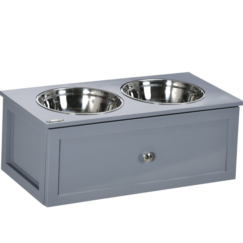 Support à bols gris pour animaux 23,6 "x 11,8" 9,4 ", avec bols en acier inoxydable, pour nourriture moyenne pour chiens