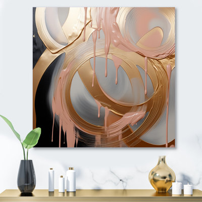 Abstract Gold And Pink Liquid Ink Circles IV - Abstract Shapes Metal Wall Art