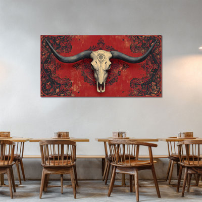 CXVU Bull Skull Canvas Wall Art Print, Western Longhorn Cow Skull Native American Decor, Rustic Red Ornate Pattern Artistic Statement Framed Print for Living Room Office 12x24