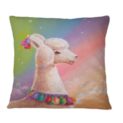 Portrait d'un lama sur un ciel arc-en-ciel - Coussin décoratif pour enfants