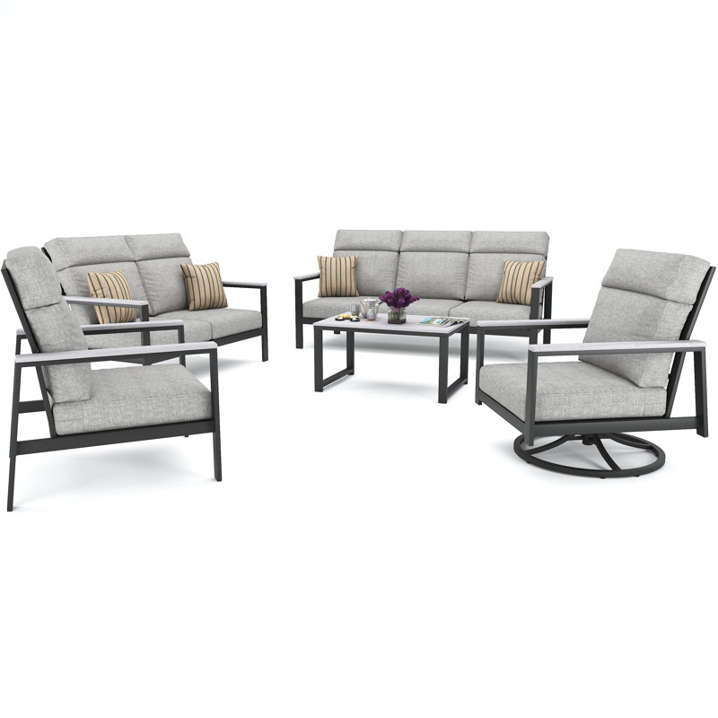 Ensemble de conversation pour 7 personnes avec coussins Sunbrella Syren, Toile granit, Gris foncé / Blanc