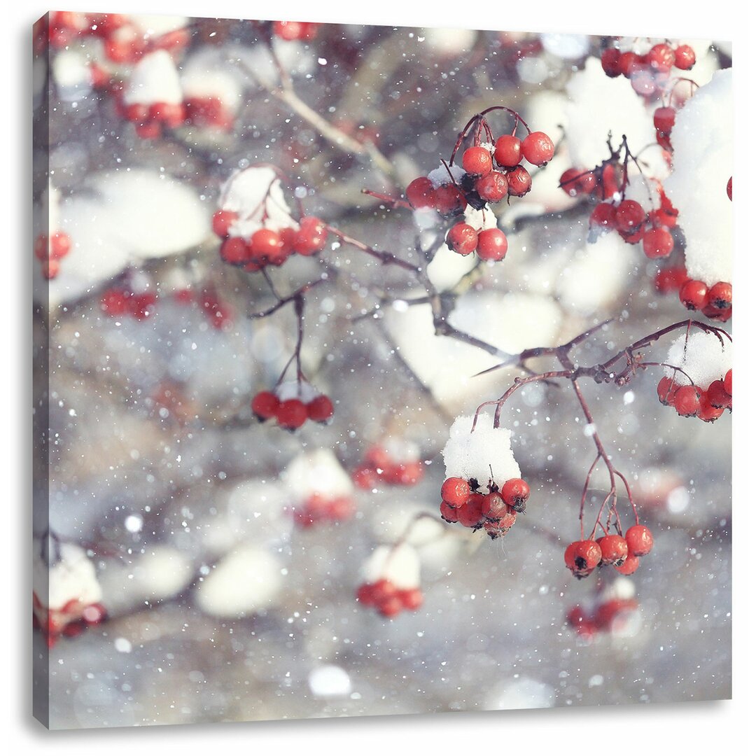 Leinwandbild Vogelbeeren mit Schnee bedeckt