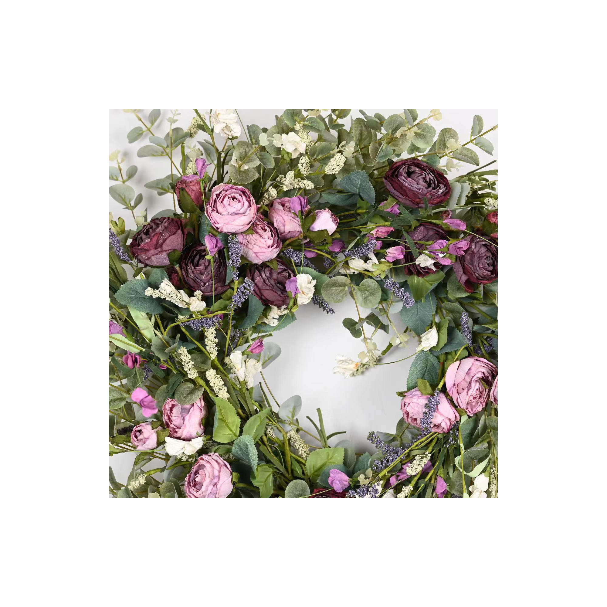 26" Artificial Everyday Eucalyptus Berry Rose Floral Front Door Wreath For Wedding Party Home Decor, Green/Purple