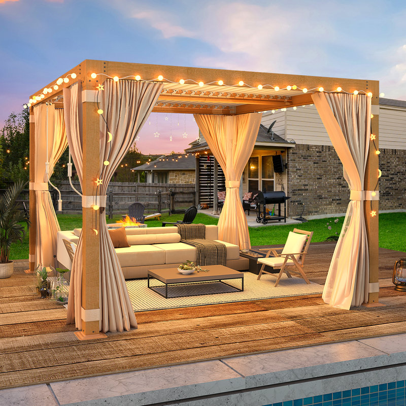 20 ft. W x 12 ft. D Aluminum Pergola with Adjustable Rainproof Louver – Wood-Grain Finish, Removable Curtains & Netting – Extra Large Louvered Pergola for Patio, Garden & Deck