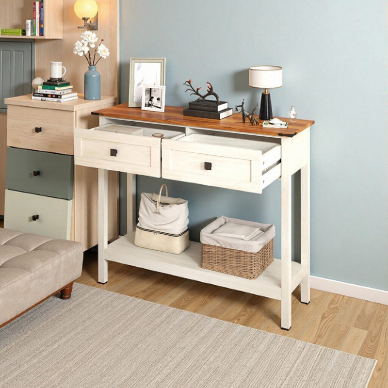 Pagoda Blue Farmhouse Console Table with Storage Drawers & Shelf - Slim Hallway Entry Table for Living Room