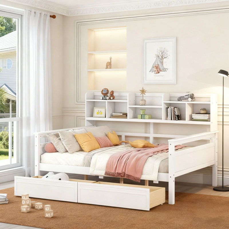 Daybed, Wood Slat Support, with Bedside Shelves and Two Drawers, White, Twin