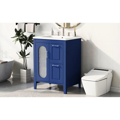 Meuble-lavabo bleu avec lavabo en céramique, armoire à deux tiroirs 24 po, porte et tablette réglable, meuble-lavabo en bois massif et matériau, meuble-lavabo, tablette
