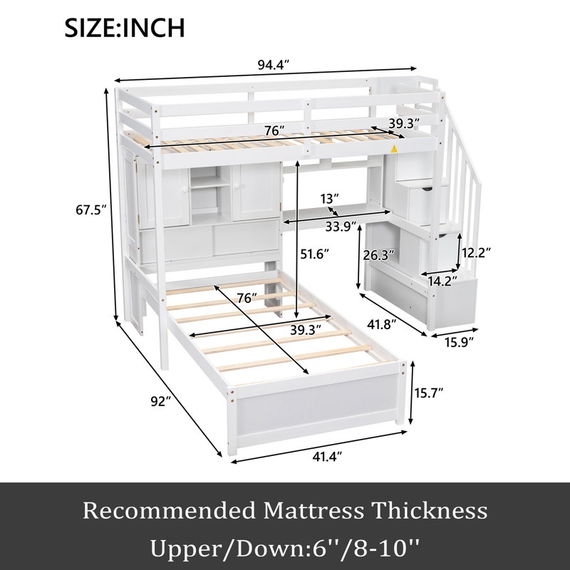 Lit simple mezzanine sur lit simple, Blanc