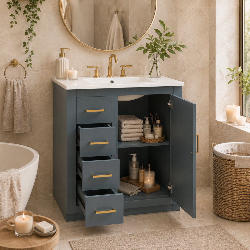 Meuble-lavabo bleu intégré en céramique de 24 pouces avec une porte à trois tiroirs et un meuble-lavabo spécialement conçu pour les petites salles de bain.