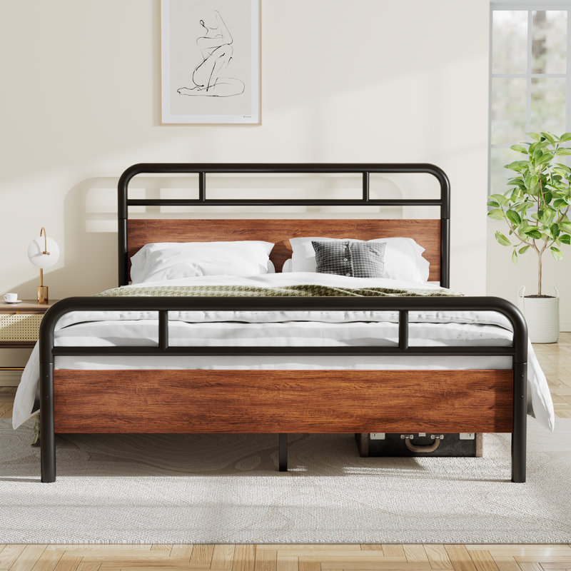 Dejania Metal Platform Bed Frame with Wooden Headboard and Footboard, Queen, Light Brown