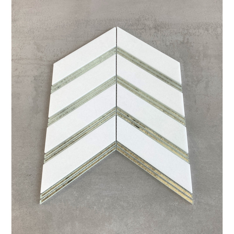 Thassos Random Sized Marble/Glass Herringbone Mosaic Wall Tile