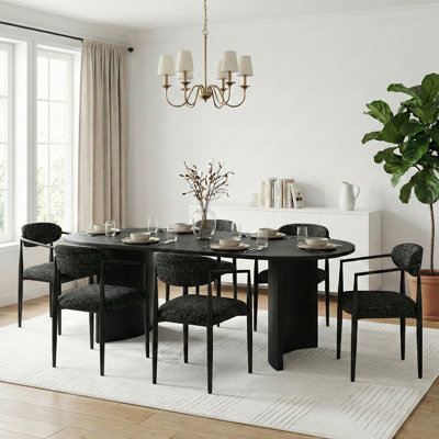 79'' Oval Dining Table Set For 6 With Upholstered Arm Chairs, 7-Piece Modern Dining Room Set