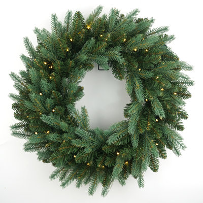 Couronne de Noël artificielle pré-illuminée de 61 cm (24 po) avec 50 lumières DEL blanc chaud – Feuillage luxuriant, pointes variées, PE+PVC, charme traditionnel de Noël pour la décoration intérieure et extérieure des fêtes