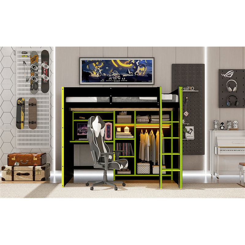 Lit mezzanine en bois avec bureau, Vert