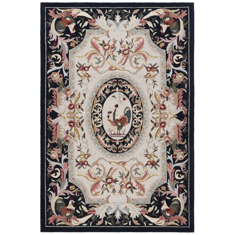 Kinchen Hand Hooked Wool Floral Rug, Rectangle 6' x 9'