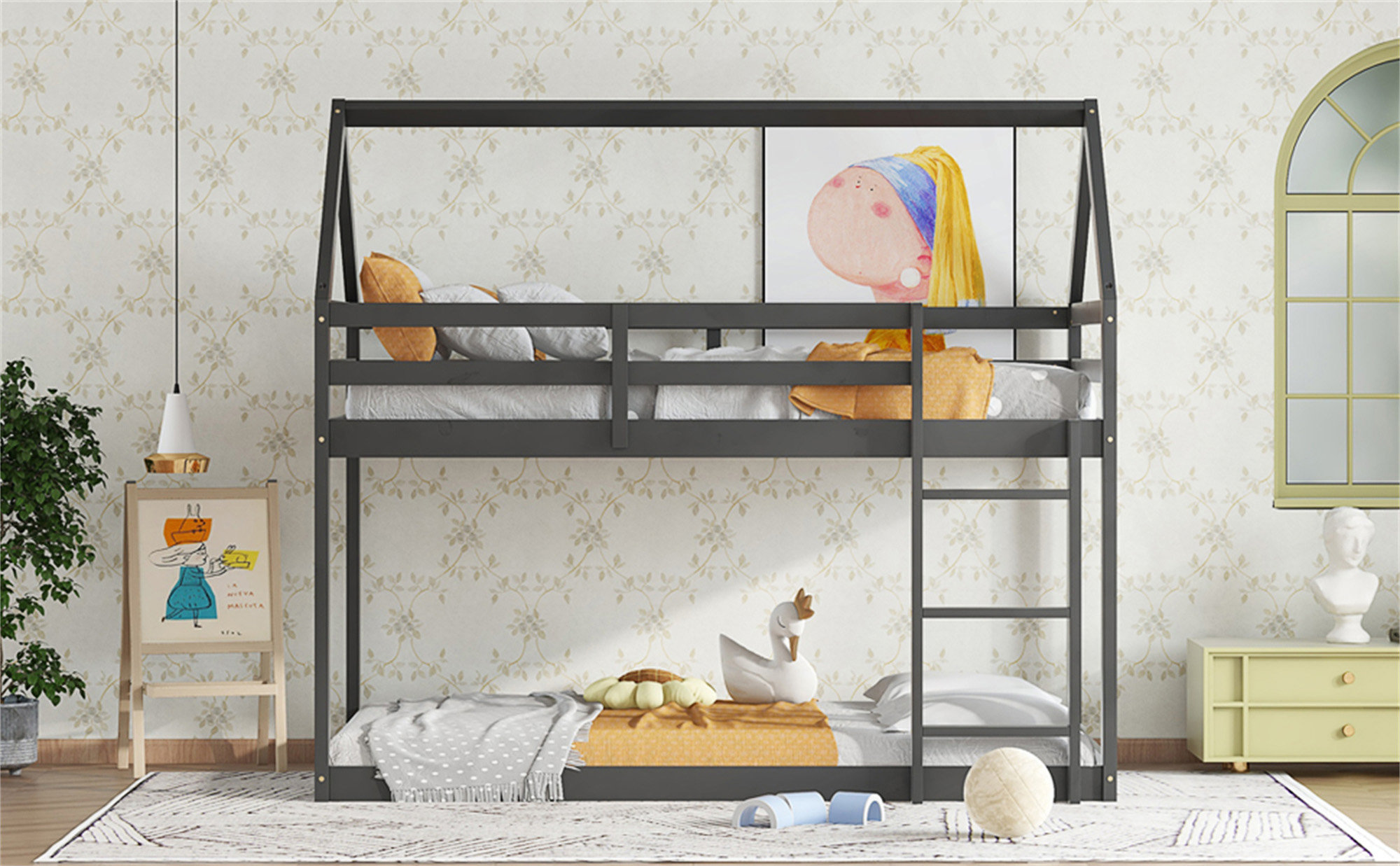 Ophelia & Co. Twin Over Twin Rubber Wood Floor Bunk Bed, With Ladder ...
