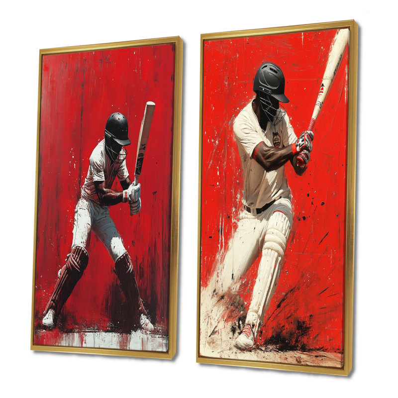 Ensemble de 2 pièces d'art rouge et noir Cricket Fast Bowling I - Cricket Sport, H 40 po x l 40 po, Cadre flottant doré
