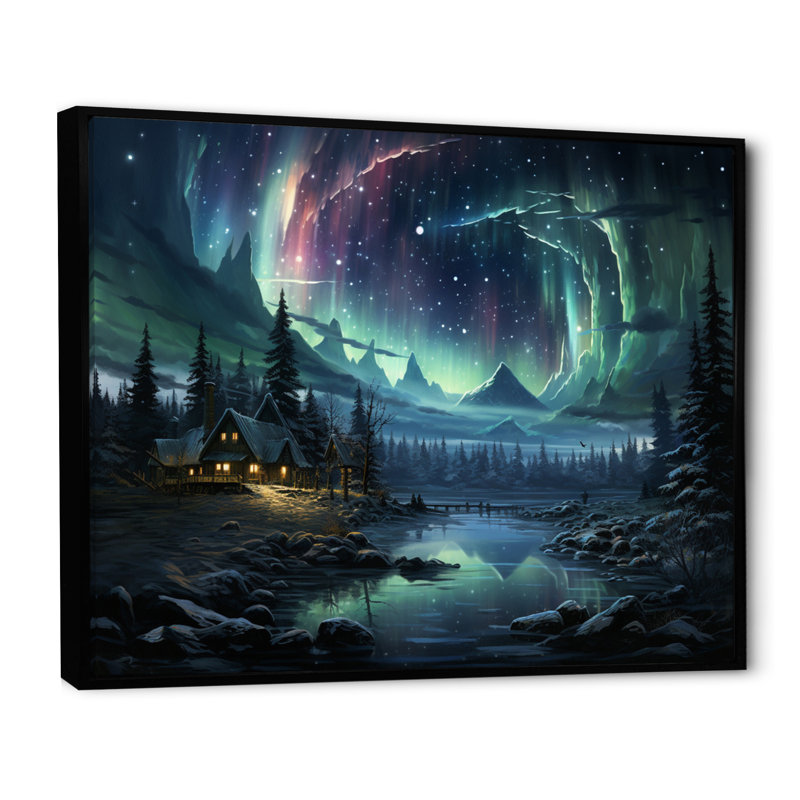 Northern Lights Starry Night III sur impression sur toile, Cadre flottant noir, H 16 po x l 32 po x P 1 po