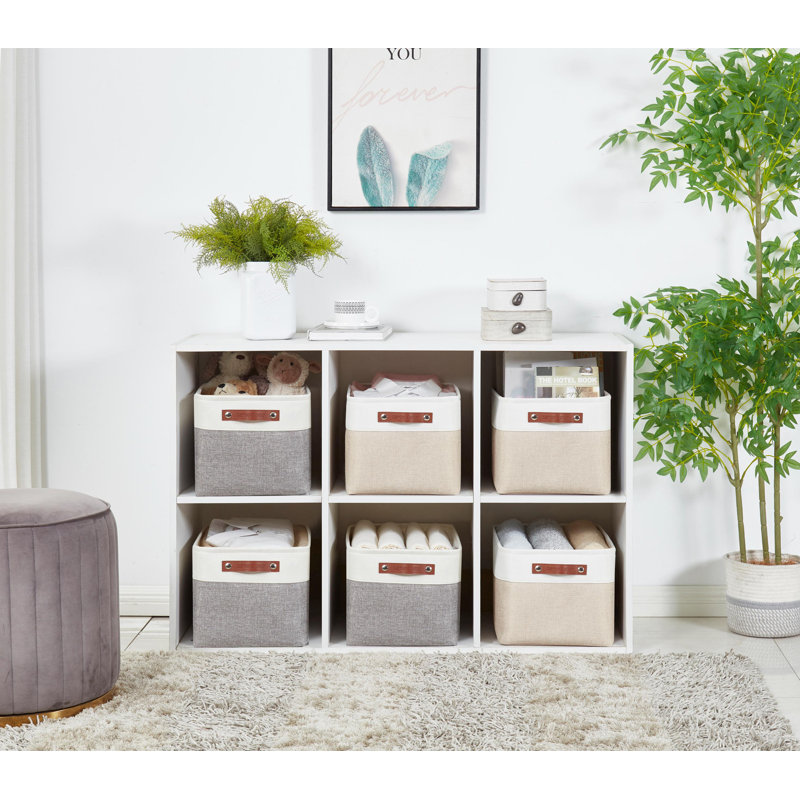 Foldable Fabric Storage Bin, Beige/White, 3