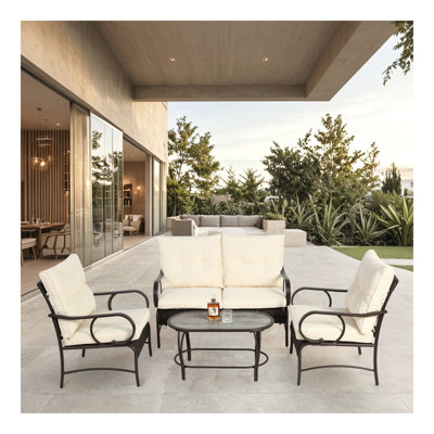 Ensemble de mobilier d'extérieur 4 pièces, ensemble de conversation en osier pour terrasse, canapé en rotin brun avec coussin