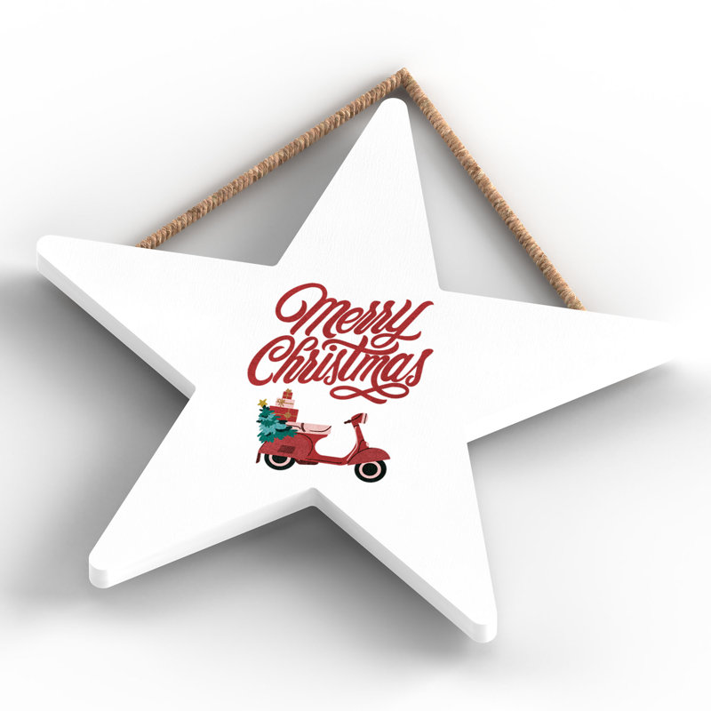 Xmas Merry Christmas Scooter Wooden Star Plaque