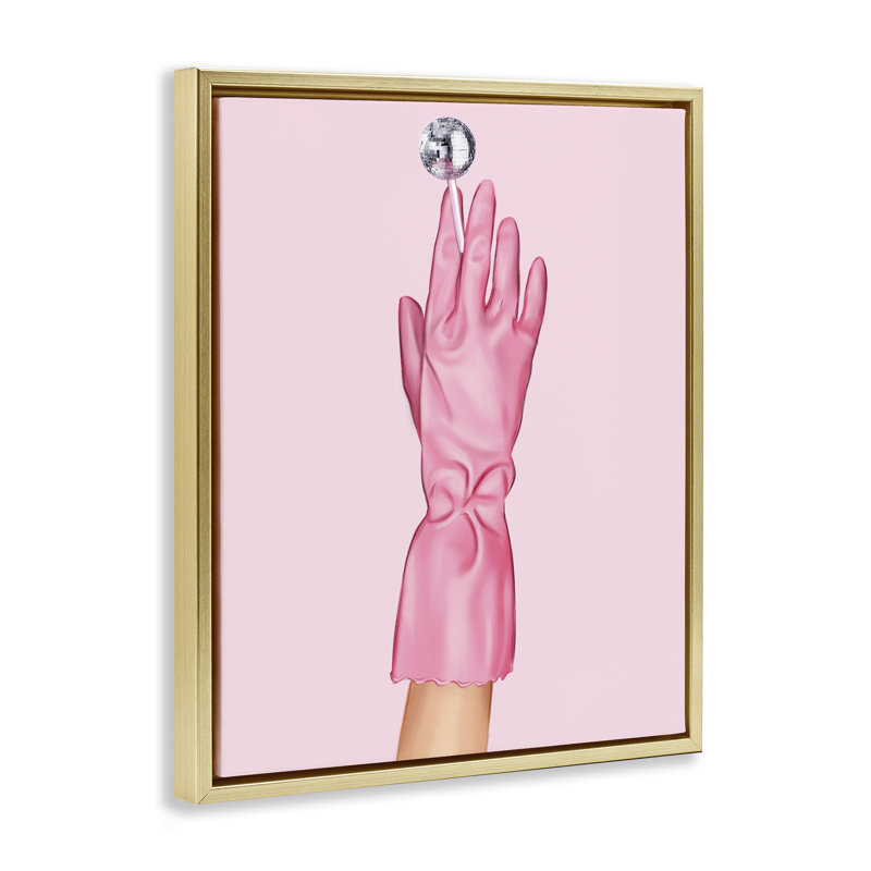 Cadre flottant rose avec gant et boule disco, design par Ziwei Li, H 31 po x l 25 po, Cadre flottant métallique doré