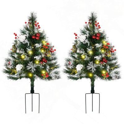 Arbre de Noël artificiel pré-éclairé 2,5 pi avec 2 branches 2,5 pi / 30 po, 70 lumières DEL blanc chaud, baies rouges, pommes de pin, boules, vert