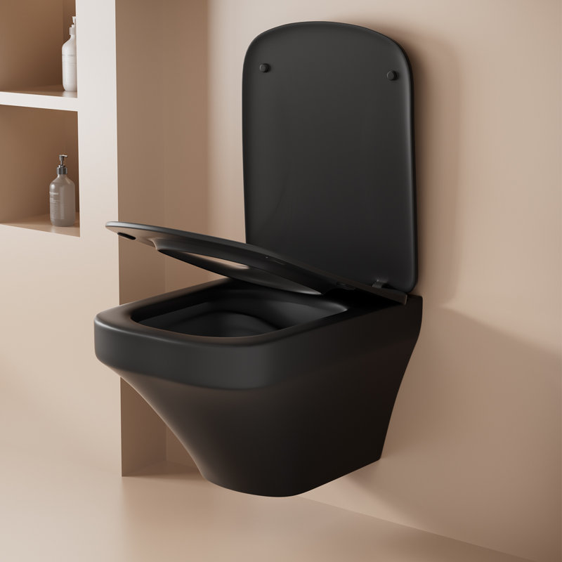 Ebern Designs Olgun Wall Hung Toilets, Back to Wall Toilet, 4L LPF Round Wall Mounted  (Seat Included), Black