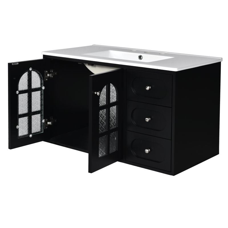  Floating Vanity with Ceramic Sink, Wall Mounted Bathroom Cabinet with 3 Drawers and Soft-close System