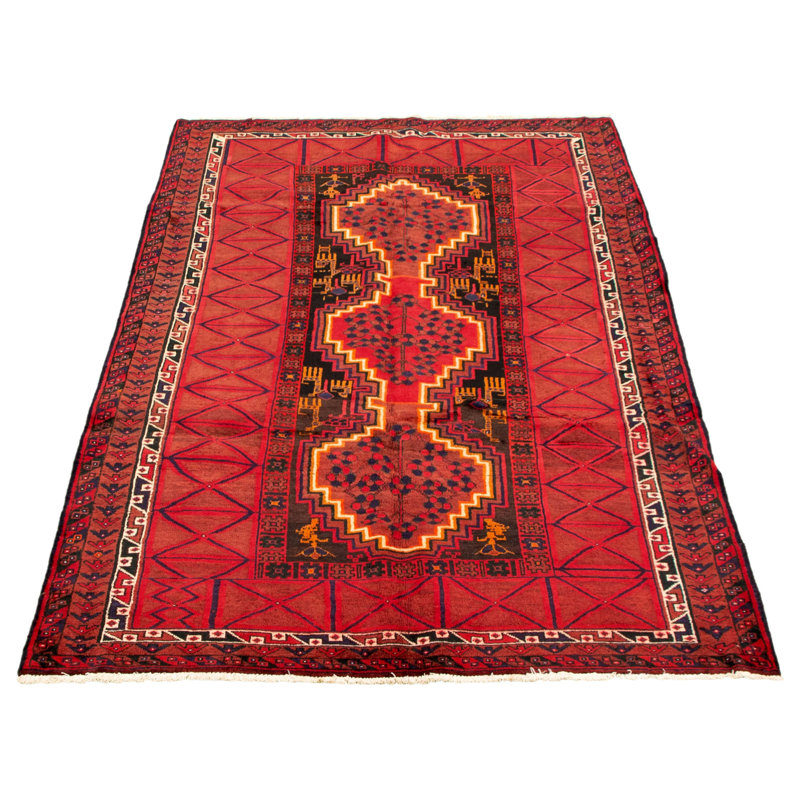 Tapis décoratif en laine rouge de conception unique noué à la main des années 1980 5 pi 1 po x 8 pi 9 po Børre