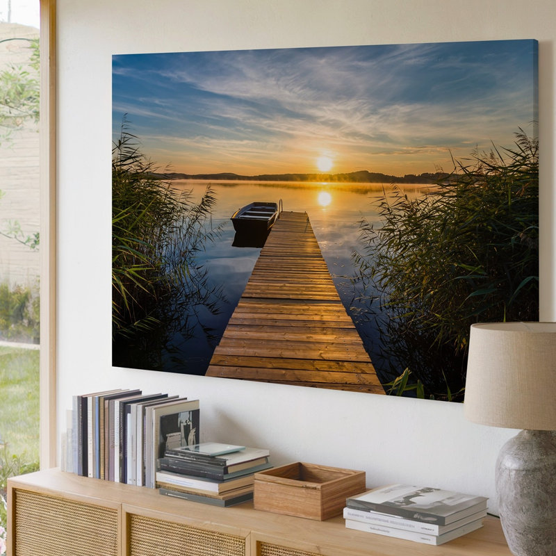Toile, art serein au bord du lac au coucher du soleil avec un quai en bois qui s'étend sur un lac calme, H 30 po x l 30 po