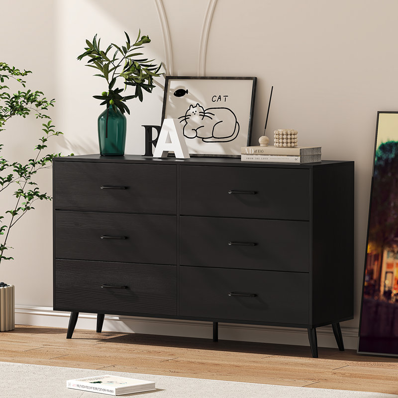 Commode 6 tiroirs Teddy, commode large 52,37 po, commode en tissu et bois facile à tirer, Noir