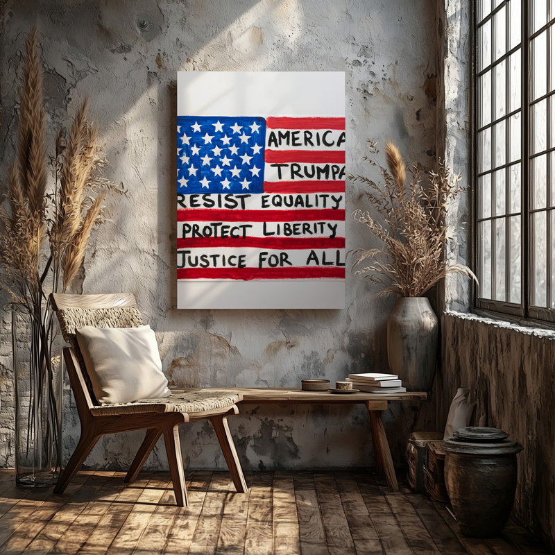 Toile, création d'une illustration d'un drapeau américain dessiné à la main avec art mural, texte expressif audacieux recouvrant les rayures