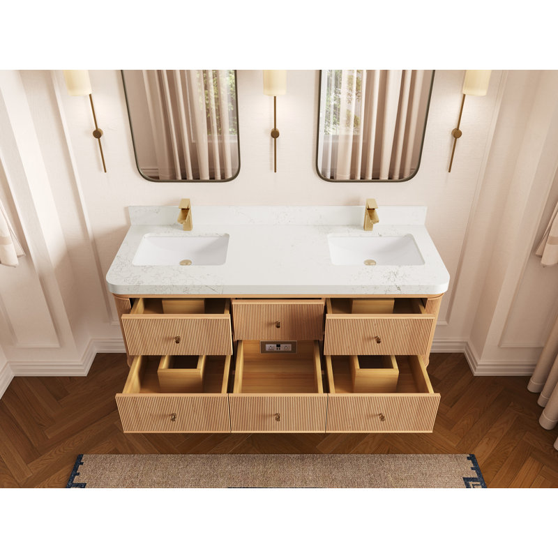 Hampton Floating Oak 60 In. W X 22 In. D Double Sink Bathroom Vanity In Dark Natural With 2 In. Quartz, Empira