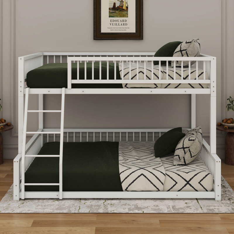 Floor-Mounted Bunk Bed Frame With Ladder, Safety Guardrails And Easy Assembly, White, Full XL over Queen