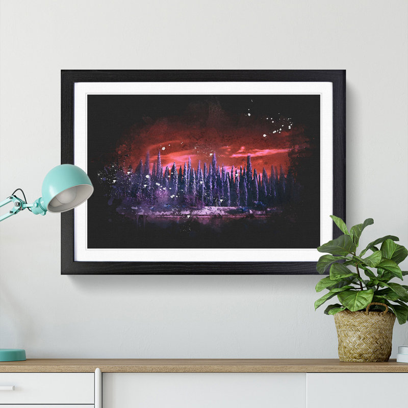 Cypress Trees Paint Splash - Framed Print, 45cm H x 63cm W x 2cm D, Black Framed