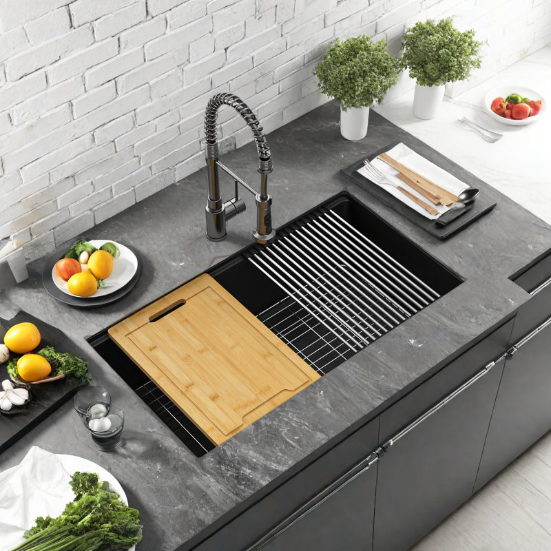 Évier de comptoir encastré en quartz noir 32 x 19 pouces - Quartz ultra-durable et résistant aux éclats