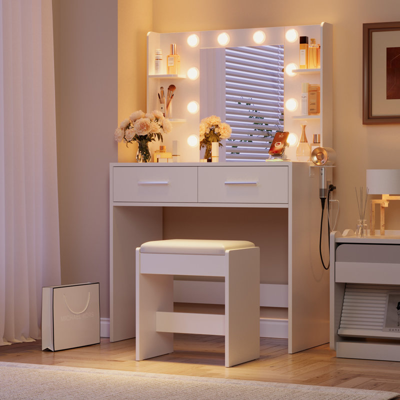 31.5" Makeup Vanity Set with Vanity Stool, 3-Color LED Mirror, Power Outlet, Hair Dryer Holder, 2 Drawers, White, Yes