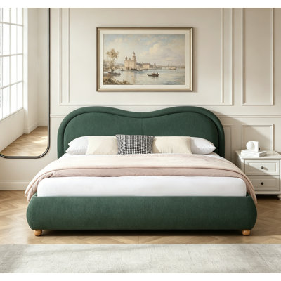 Structure de lit tapissier très grand avec coins arrondis et tête de lit courbée, support de lattes en bois, pieds en bois de chêne massif, tissu chenille, aucun sommier requis, assemblage facile, vert olive