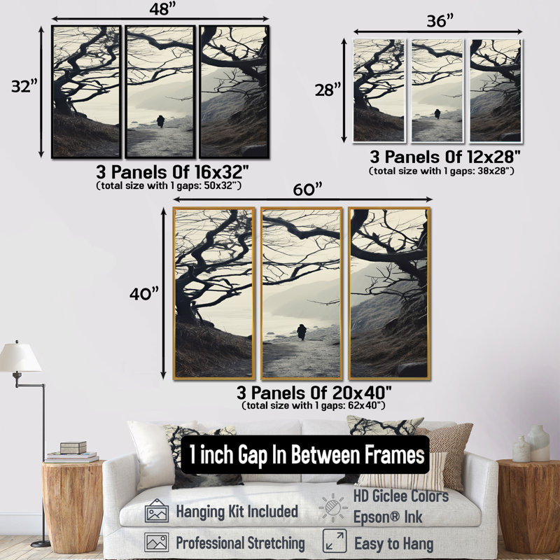 «Country Road Desolate Winter Landscape - campagne», ensemble de reproductions d'art mural, Cadre flottant doré
