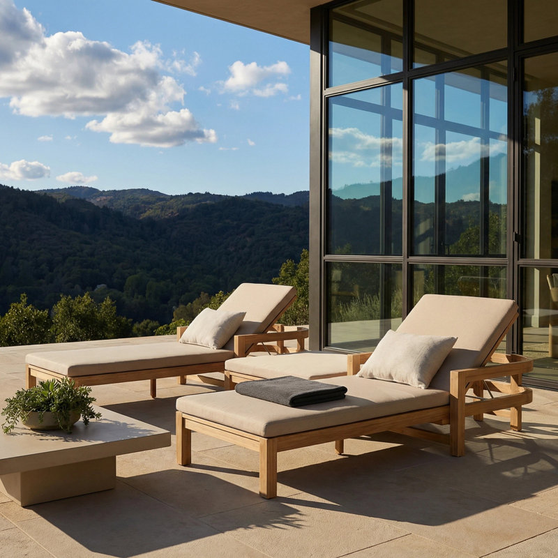 Chaise longue de patio en bois d'acacia avec dossier réglable Cade, Crème, crème, 1