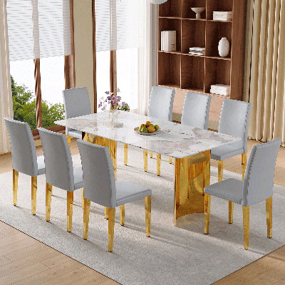 Ensemble de table de salle à manger rectangulaire de 71 po pour 8 personnes comprenant un plateau en faux marbre et des chaises en cuir de polyuréthane. Cet ensemble de salle à manger de 9 pièces convient aux maisons, aux restaurants et aux espaces de bureau.