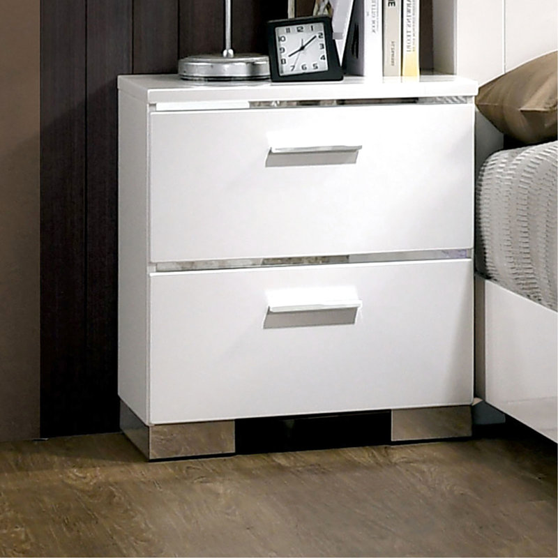 Table de chevet blanche avec charge, pieds et 2 grands compartiments de rangement spacieux pour la chambre à coucher