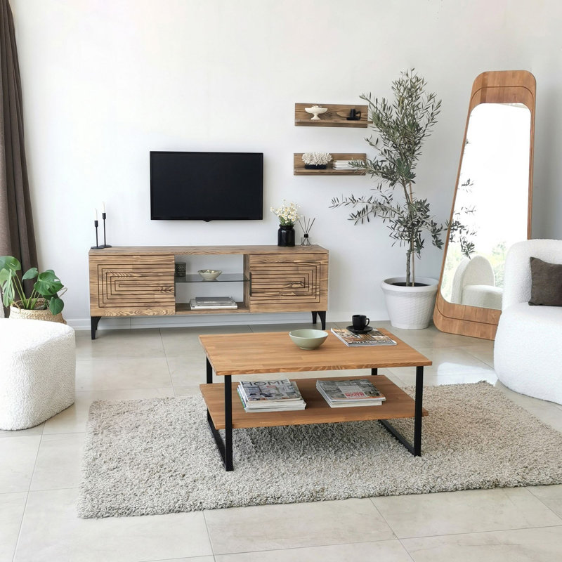 Modern TV Unit with Antibacterial Solid Pine Wood, Oak Finish, 47.5 x 15.7 x 11.8 inches | Rustproof Metal Legs, 2 Shelves (19.7 x 5.9 x 4.7 inches) | Stylish Scandinavian Design, Easy Assembly, Perfect for Living Room