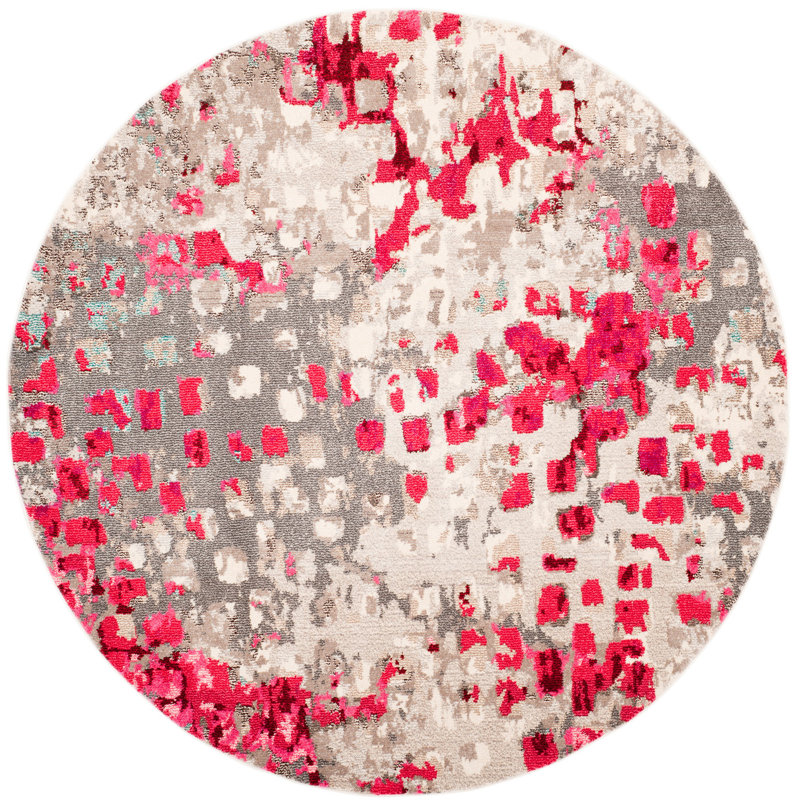 Hertzler Abstract Area Rug, Round 6'7", Grey/Fuchsia